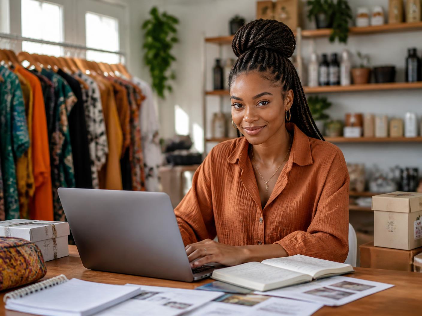African entrepreneur working on a laptop with fashion products and business planning materials